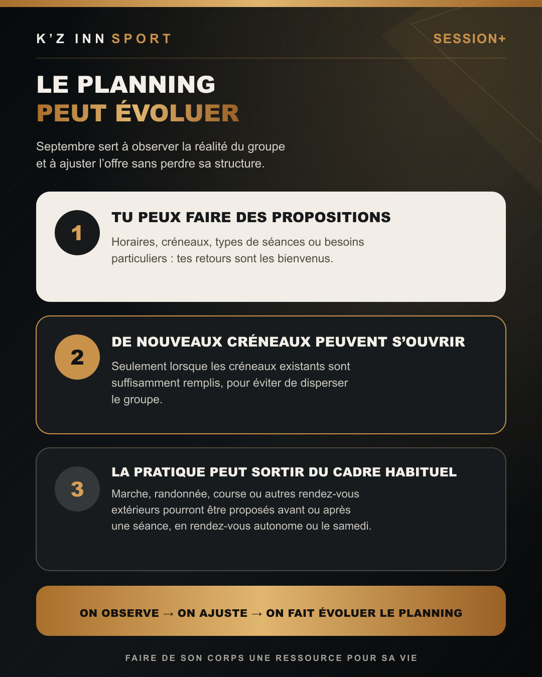 Carte SESSION+ — Le planning peut évoluer